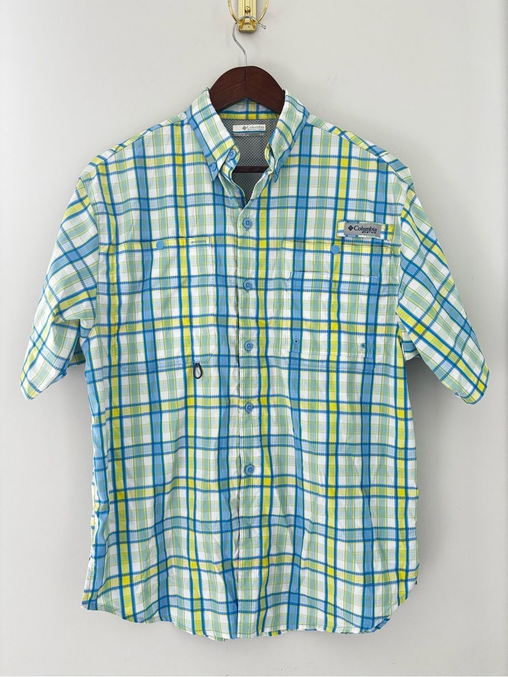 Columbia PFG Omni-Shade Plaid Fishing Shirt Men’s Small Blue Yellow Vented UPF